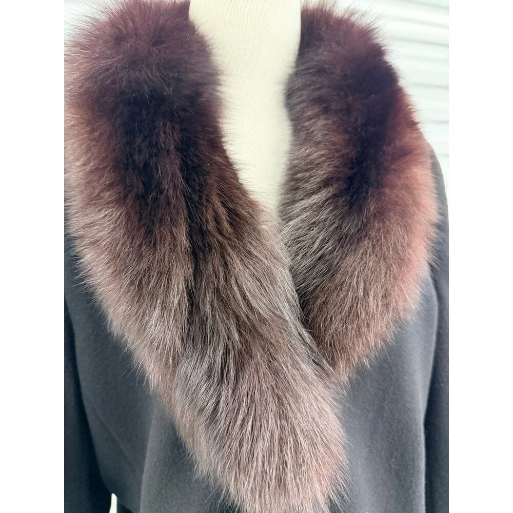 Katherine Kelly Black Wool and Cashmere Coat with Fox Fur Trim
